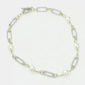 14K Gold Two Tone Chain Pearl Link Toggle Necklace